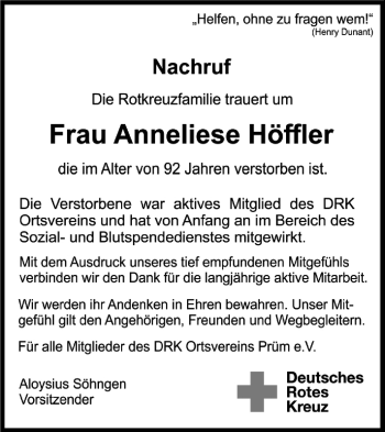 Traueranzeige von Anneliese Höffler von Wochenspiegel