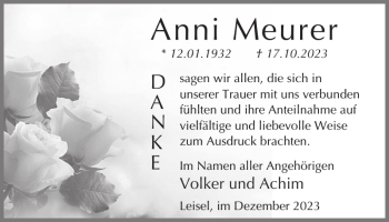 Traueranzeige von Anni Meurer von Wochenspiegel