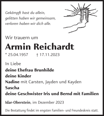 Traueranzeige von Armin Reichardt von Wochenspiegel