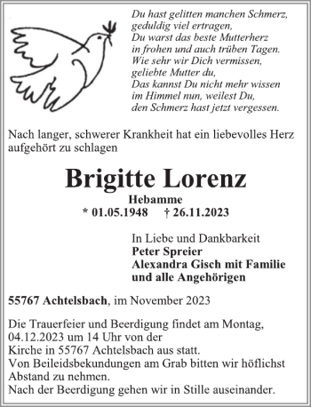 Traueranzeige von Brigitte Lorenz von Wochenspiegel