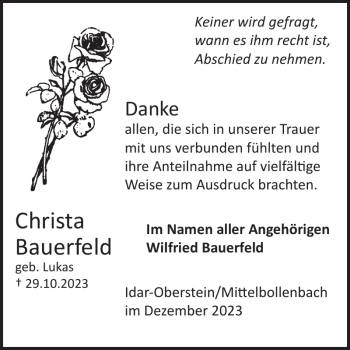 Traueranzeige von Christa Bauerfeld von Wochenspiegel