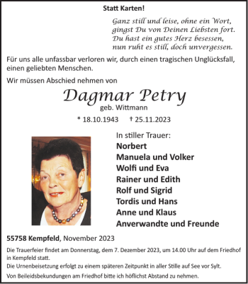 Traueranzeige von Dagmar Petry von Wochenspiegel