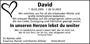 Traueranzeige von David  von Wochenspiegel