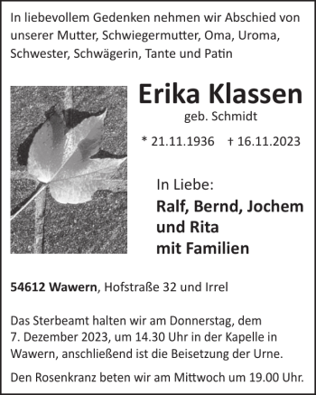 Traueranzeige von Erika Klassen von Wochenspiegel