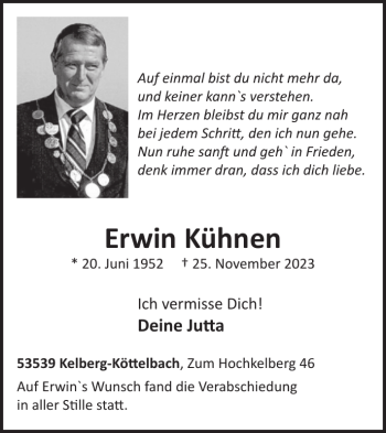 Traueranzeige von Erwin Kühnen von Wochenspiegel
