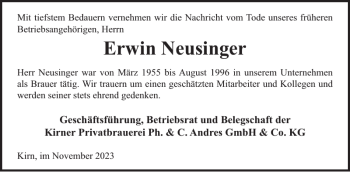 Traueranzeige von Erwin Neusinger von Wochenspiegel