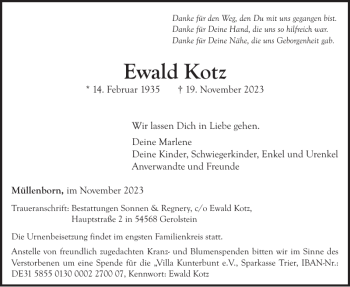 Traueranzeige von Ewald Kotz von Wochenspiegel