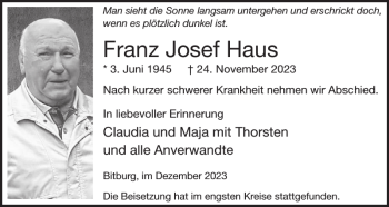 Traueranzeige von Franz Josef von Wochenspiegel