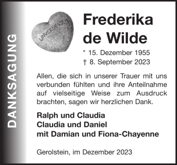 Traueranzeige von Frederika de Wilde von Wochenspiegel