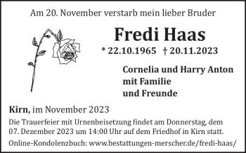 Traueranzeige von Fredi Haas von Wochenspiegel