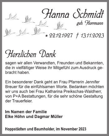 Traueranzeige von Hanna Schmidt von Wochenspiegel