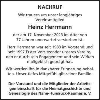 Traueranzeige von Heinz Herrmann von Wochenspiegel