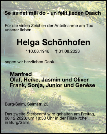 Traueranzeige von Helga Schönhofen von Wochenspiegel