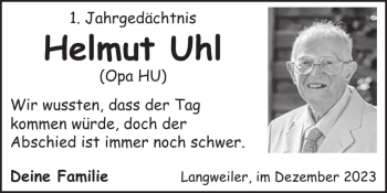 Traueranzeige von Helmut Uhl von Wochenspiegel