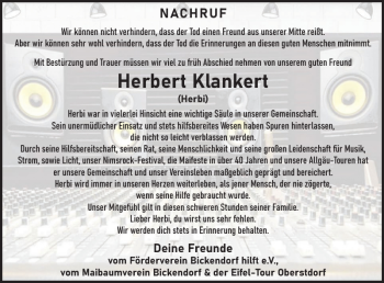 Traueranzeige von Herbert Klankert von Wochenspiegel