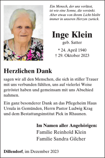 Traueranzeige von Inge Klein von Wochenspiegel