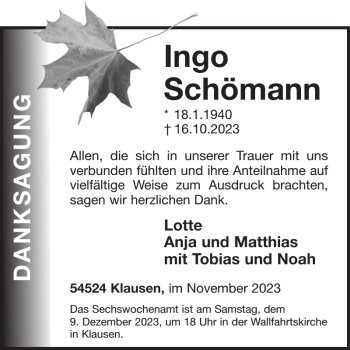 Traueranzeige von Ingo Schömann von Wochenspiegel
