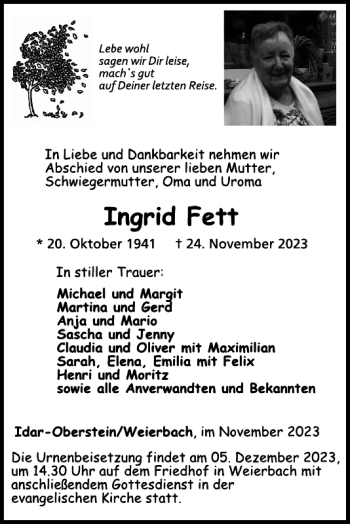 Traueranzeige von Ingrid Fett von Wochenspiegel