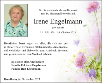 Traueranzeige von Irene Engelmann von Wochenspiegel