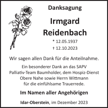 Traueranzeige von Irmgard Reidenbach von Wochenspiegel