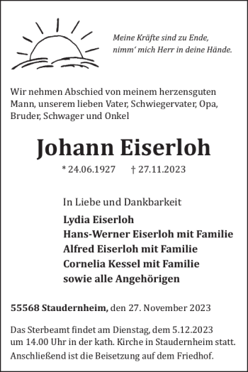 Traueranzeige von Johann Eiserloh von Wochenspiegel