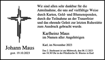 Traueranzeige von Johann Maus von Wochenspiegel