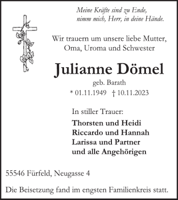 Traueranzeige von Julianne Dömel von Wochenspiegel