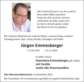 Traueranzeige von Jürgen Emmesberger von Wochenspiegel