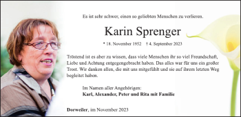 Traueranzeige von Karin Sprenger von Wochenspiegel