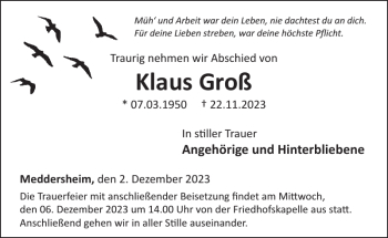 Traueranzeige von Klaus Groß von Wochenspiegel