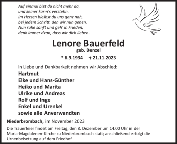Traueranzeige von Lenore Bauerfeld von Wochenspiegel