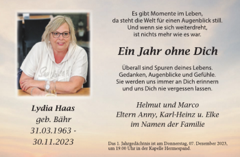 Traueranzeige von Lydia Haas von Wochenspiegel