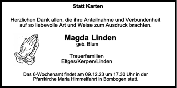 Traueranzeige von Magda Linden von Wochenspiegel