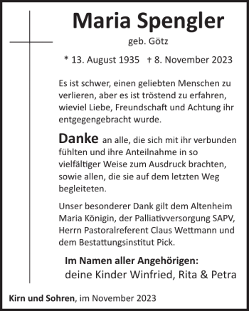 Traueranzeige von Maria Spengler von Wochenspiegel