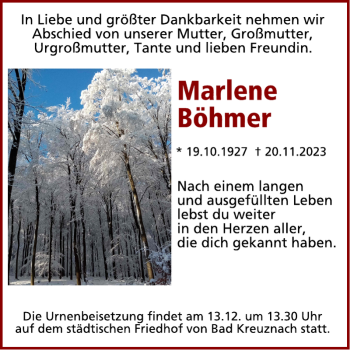 Traueranzeige von Marlene Böhmer von Wochenspiegel