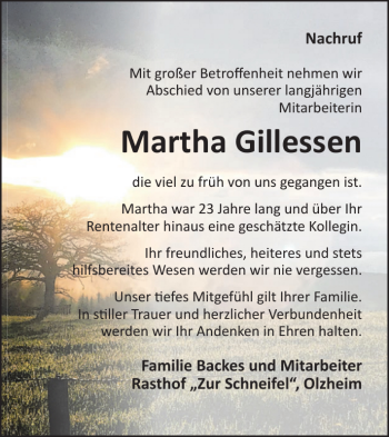 Traueranzeige von Martha Gillessen von Wochenspiegel