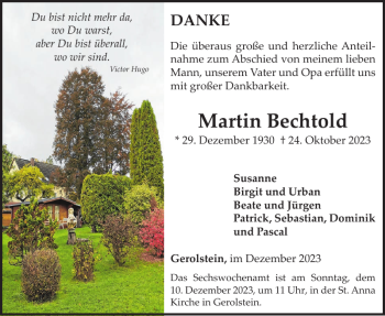 Traueranzeige von Martin Bechtold von Wochenspiegel