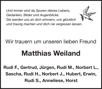 Traueranzeige von Matthias Weiland von Wochenspiegel