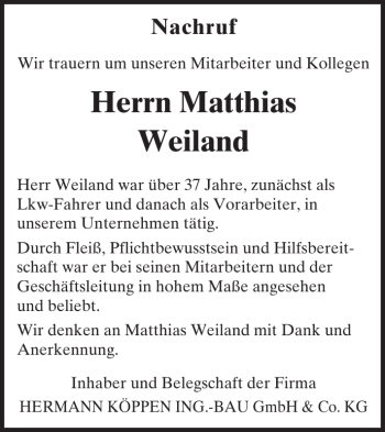 Traueranzeige von Matthias Weiland von Wochenspiegel