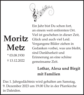Traueranzeige von Moritz Metz von Wochenspiegel