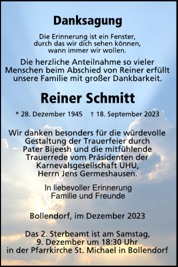 Traueranzeige von Reiner Schmitt von Wochenspiegel