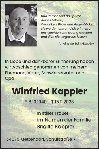 Traueranzeige von Winfried Kappler von Wochenspiegel