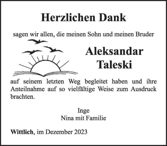 Traueranzeige von Aleksandae Taleski von WochenSpiegel