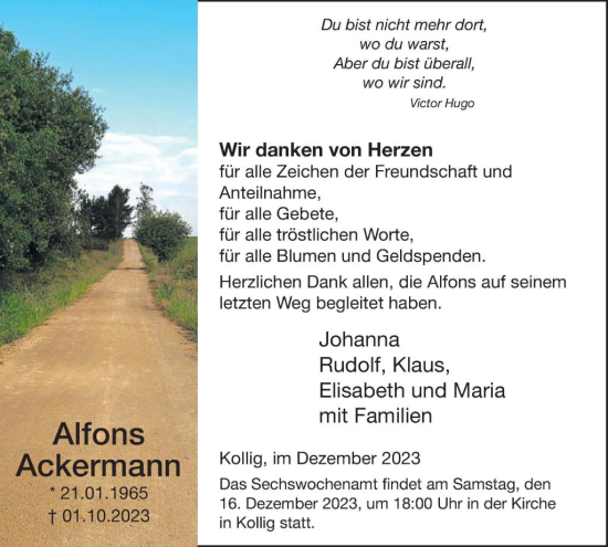 Traueranzeige von Alfons Ackermann von WochenSpiegel