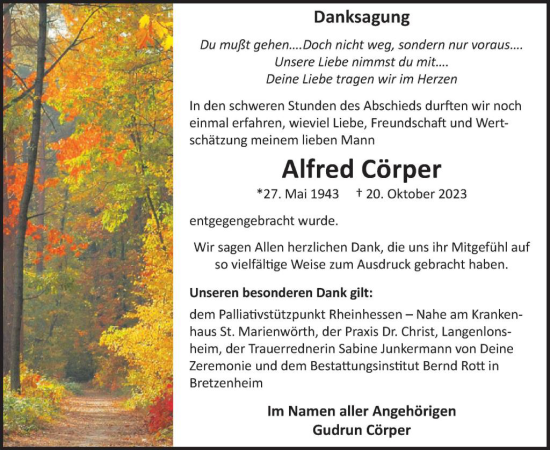 Traueranzeige von Alfred Cörper von WochenSpiegel