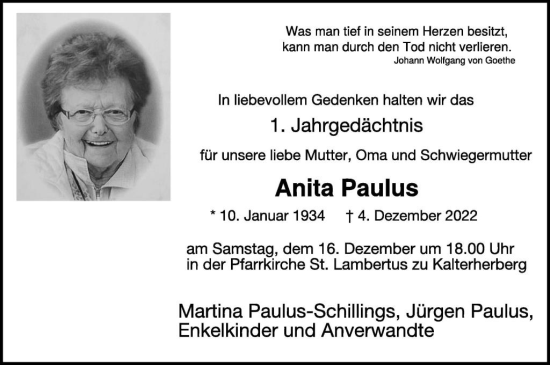 Traueranzeige von Anita Paulus von WochenSpiegel