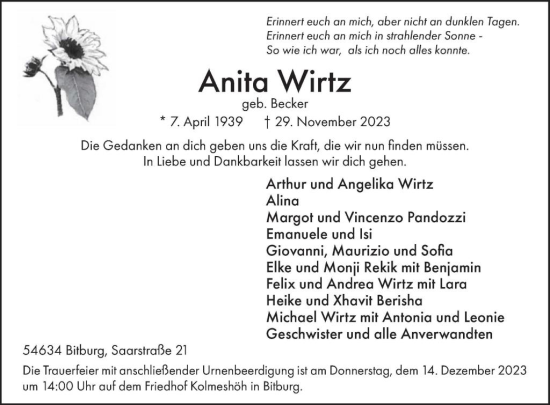 Traueranzeige von Anita Wirtz von WochenSpiegel