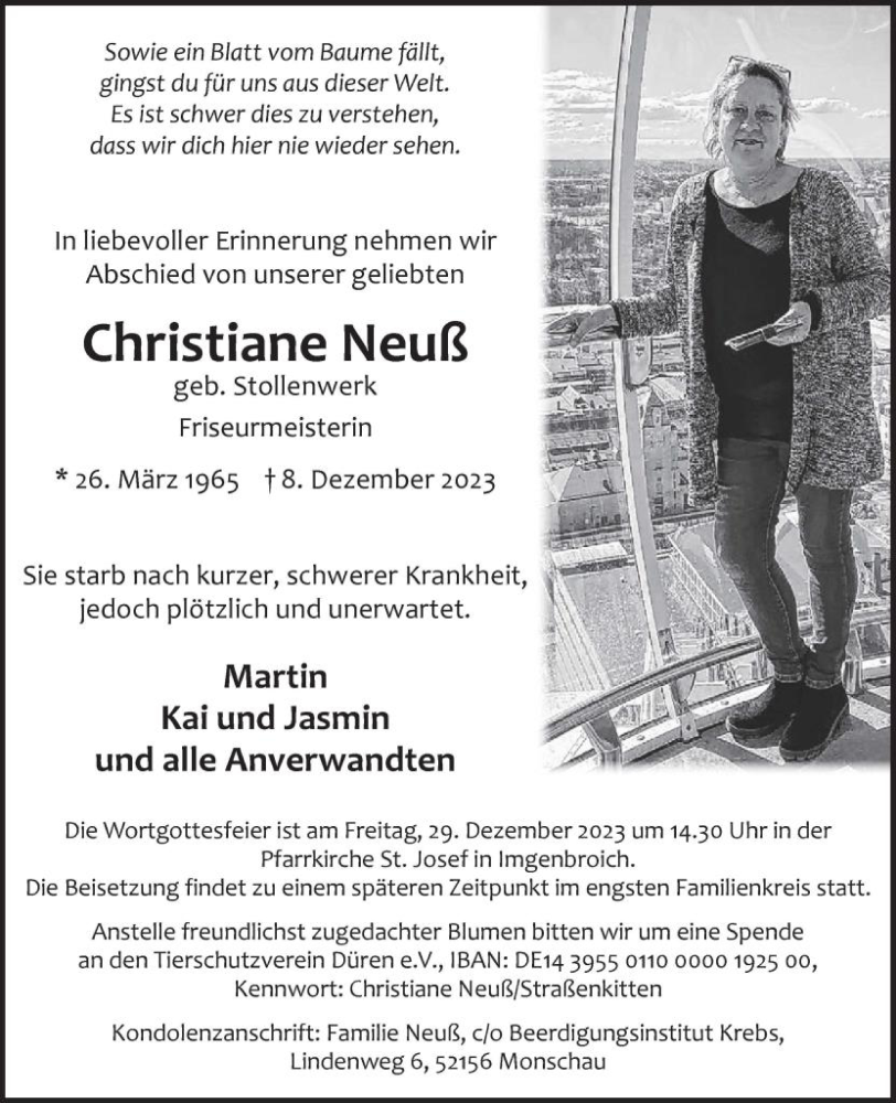  Traueranzeige für Christiane Neuß vom 20.12.2023 aus WochenSpiegel
