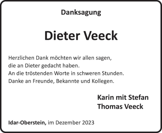 Traueranzeige von Dieter Veeck von WochenSpiegel