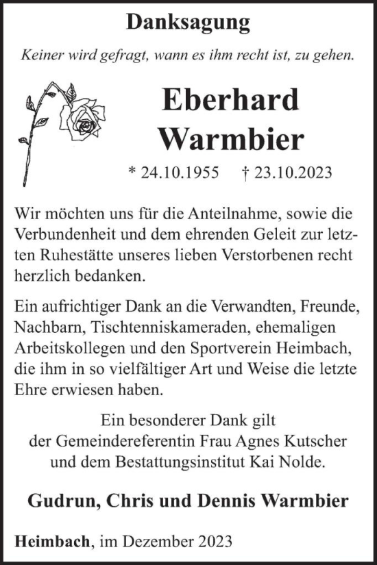 Traueranzeige von Eberhard Warmbier von WochenSpiegel